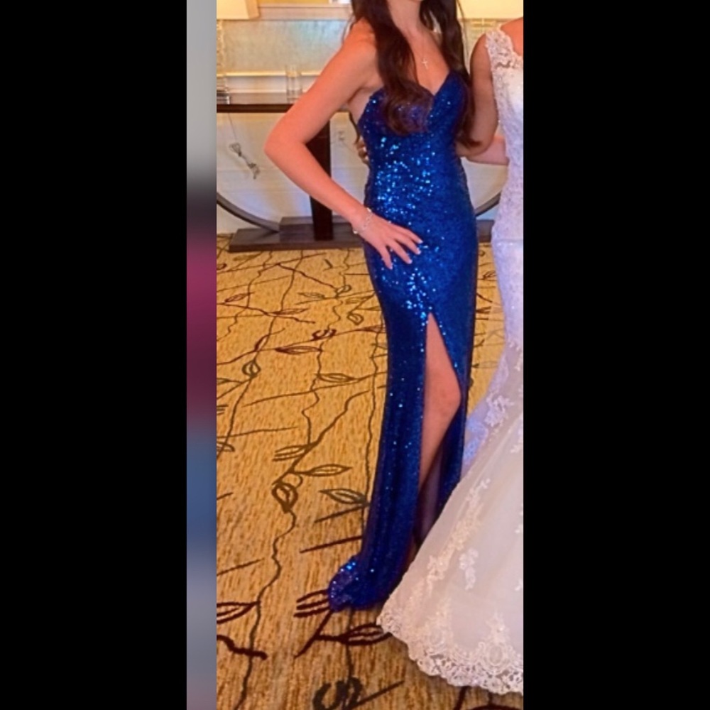 Blue prom dress (LaFemme) sequin, blue, strapless